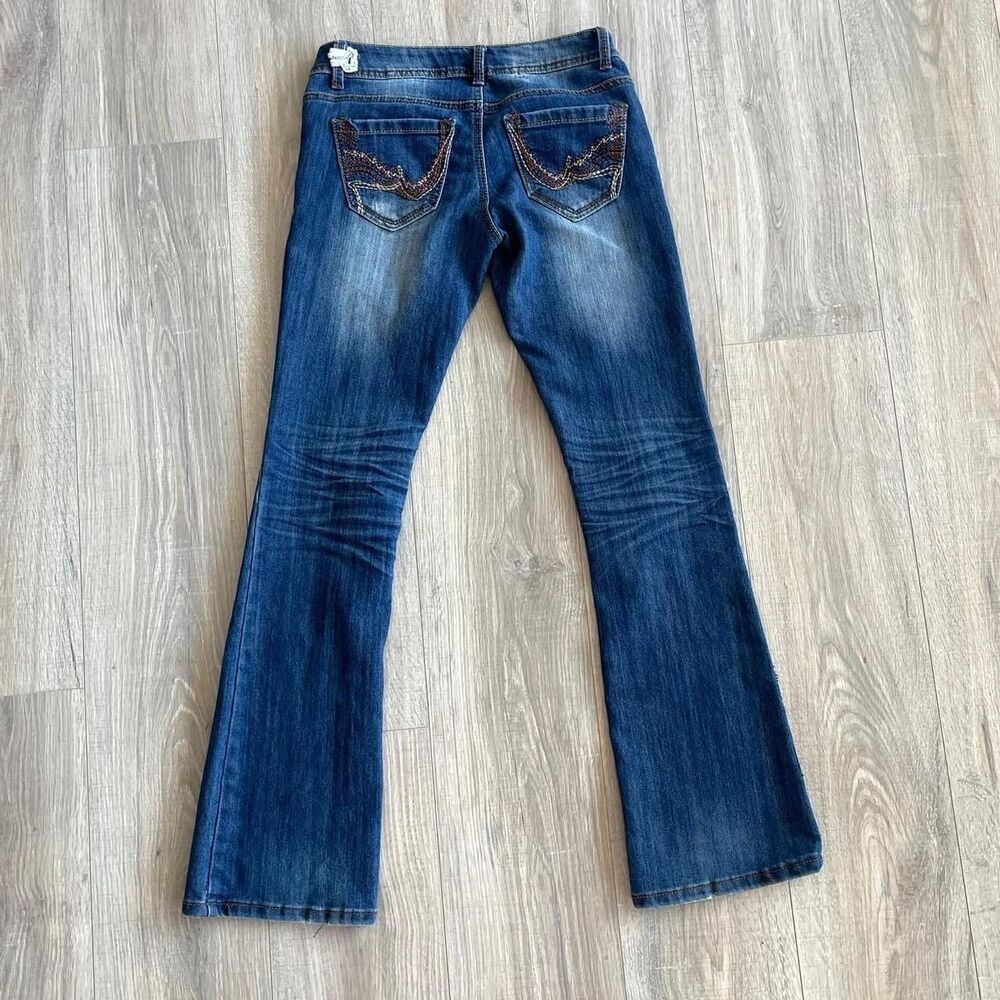 Y2K Low Rise Flare Blue Jeans with Brown Embroidery Coastal Cowgirl Denim Retro